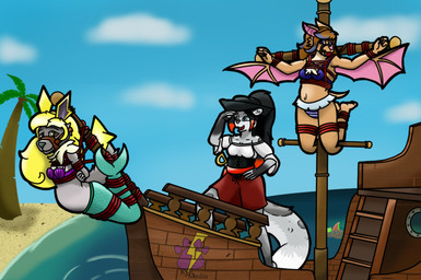 anthro bdsm beach bikini black_hair blonde_hair bondage bound bra brown_body brown_fur brown_hair clothing female fur gag gagged grey_body grey_fur group hair hands_behind_back looking_at_another midriff on_display outside pirate restrained sea seashell_bra ship split_form submissive submissive_female swimwear two-piece_swimsuit underwear vehicle water watercraft kynmedia nintendo pokemon kyn_skyther bat canid canine canis eeveelution felid fish generation_1_pokemon hybrid jolteon mammal marine merfolk pantherine pokemon_(species) shark snow_leopard wolf absurd_res hi_res