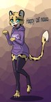 anthro clothing collar countershading digitigrade female green_eyes hoodie legwear open_mouth owo simple_background smile solo spots standing teeth text thigh_highs topwear murrdusa cheetah felid feline mammal cel_shading full-length_portrait hi_res portrait shaded