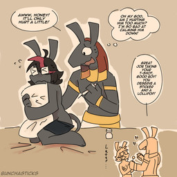 anthro bed bottomwear bottomwear_down clothed clothing comforting dialogue duo egyptian furniture grey_body highlights_(coloring) hormone_replacement_therapy hug hugging_object hugging_pillow injection intersex intersex/male male mastectomy_scar narrowed_eyes pants pants_down partially_clothed pillow praise praise_kink scar scared squint syringe testosterone text bunchasticks egyptian_mythology middle_eastern_mythology mythology eli_(bunchasticks) set_(deity) deity set_(species) 1:1 english_text hi_res trans_(lore) trans_man_(lore)