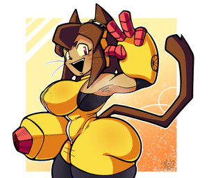 abstract_background anthro biceps big_breasts big_butt black_bodysuit black_clothing black_nose black_skinsuit black_whiskers bodysuit breasts brown_body brown_ears brown_eyebrows brown_fur brown_hair brown_tail butt clothed clothed_anthro clothed_female clothing curvy_figure cybernetic_arm cybernetic_limb eyebrows eyelashes eyewear eyewear_on_head female female_anthro fur gesture goggles goggles_on_head gun_arm hair hand_gesture head_turned ily_sign long_hair looking_at_viewer multicolored_bodysuit multicolored_clothing multicolored_skinsuit nipple_outline open_mouth open_smile raised_arm red_eyes side_view skinsuit small_waist smile smiling_at_viewer snout solo tail teeth thick_thighs tight_clothing voluptuous weapon_arm whiskers white_bodysuit white_clothing white_skinsuit yellow_bodysuit yellow_clothing yellow_eyewear yellow_goggles yellow_sclera yellow_skinsuit meryo gameoverse glitch_productions kit_bodega domestic_cat felid feline felis mammal hi_res