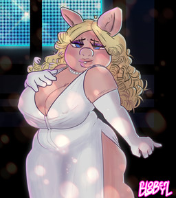 anthro armwear big_breasts blonde_hair blue_eyes blush breasts cleavage clothed clothing dress elbow_gloves eyeshadow female gem gloves hair handwear jewelry looking_at_viewer makeup necklace pearl_(gem) pearl_necklace pig_nose pink_body pink_skin purple_eyeshadow solo white_armwear white_clothing white_dress white_elbow_gloves white_gloves white_handwear blooberyl muppets miss_piggy domestic_pig mammal suid suine sus_(pig) 2025 absurd_res hi_res
