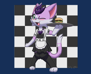 anthro blush burger checkered checkered_background clothing countershading cute_fangs digitigrade fangs female food fur heart_(marking) leggings legwear maid_uniform markings one_eye_closed open_mouth pattern_background pink_body pink_fur simple_background solo tail teeth uniform white_body white_countershading feeshyartist miu_(feeshyartist) felid feline mammal philikkahn alpha_channel hi_res