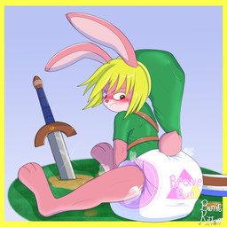 anthro big_diaper big_teeth blush clean_diaper clothed clothing diaper grumpy hat headgear headwear long_ears male melee_weapon paws sitting solo sword weapon wearing_diaper burritokitten nintendo the_legend_of_zelda link_(rabbit_form) lagomorph leporid mammal rabbit 1:1 absurd_res hi_res