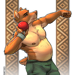 age_difference aiming anthro armpit_hair ball belly big_belly bodily_fluids body_hair bottomwear brown_body brown_fur chest_tuft clothing fur holding_object male muscular navel nipples older_male overweight overweight_anthro overweight_male pattern_background pawpads pecs shot_put simple_background solo sweat sweaty_body sweaty_face tail tan_body tan_fur text tuft white_background wristband dunetides bear mammal 1:1 hi_res watermark