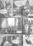 anthro canid canine canis clothed clothing comic container cup dialogue digital_media_(artwork) dishes duo english_text fully_clothed fur glass greyscale inside male mammal marcus_(rukis) medicine monochrome plate reis rukis speech_bubble tail text toilet wolf