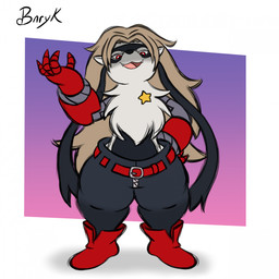 4_fingers anthro belt boots bottomwear chest_tuft clothing cybernetic_arm cybernetic_limb fangs female fingers footwear front_view fur grey_body grey_fur grey_hair hair mask mechanical_arm open_mouth pants red_eyes shoes simple_background solo standing star teeth thick_thighs tuft white_body white_fur zipper bunearyk bandai_namco digimon digimon_beatbreak digimon_(species) mammal wolvermon 1:1 2025 digital_media_(artwork) hi_res