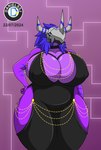 anthro armor big_breasts blue_eyes blue_hair breasts chain clothing curvy_figure female gold_(metal) gold_chain hair hand_on_hip headgear helmet huge_breasts nipple_outline non-mammal_breasts purple_body purple_scales scales solo thick_thighs voluptuous wide_hips danielssj bandai_namco digimon hollow_hip_backless_chain_dress meme_clothing eira_wargreymon digimon_(species) wargreymon 2024 hi_res meme