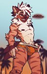 anthro athletic athletic_male balls_outline briefs briefs_only brown_hair brown_stripes bulge cheek_tuft claws clothed clothing detailed_bulge dialogue ear_piercing ear_stud facial_tuft fingerless_(marking) fur genital_outline gold_ear_stud green_eyes hair looking_down_at_self male navel neck_tuft nipples outside palm_tree pawpads penis_outline piercing plant sky smile solo stripes teeth text topless tree tuft underwear underwear_only white_body white_fur white_hair kyubbi-arts gauge_(gaugezxyeen) hyena mammal 2022 cel_shading english_text hi_res portrait shaded signature three-quarter_portrait