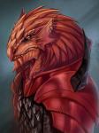 anthro armor ear_piercing fangs grey_background looking_aside looking_at_viewer male pauldron piercing pupils red_body red_eyes red_scales scalemail scales side_view simple_background slit_pupils solo spiked_armor spikes teeth aomori mythology dragon mythological_creature mythological_scalie scalie 3:4 bust_portrait hi_res portrait