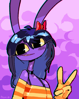 accessory ahoge anthro big_ears big_eyes black_choker black_jewelry black_necklace bow_ribbon choker clothing female fur gesture gloves hair hair_accessory hair_bow hair_ribbon hand_gesture handwear humanoid_hands jewelry long_hair looking_at_viewer necklace off-shoulder_top pattern_clothing pattern_shirt pattern_topwear purple_background purple_body purple_fur ribbons shirt simple_background smile smiling_at_viewer solo striped_clothing striped_shirt striped_topwear stripes topwear v_sign yellow_clothing yellow_gloves yellow_handwear yellow_shirt yellow_topwear mistdrawz glitch_productions the_amazing_digital_circus gooseworx's_post-transition_jax_design jax_(tadc) lagomorph leporid mammal rabbit 2026 4:5 digital_drawing_(artwork) digital_media_(artwork) english_description trans_(lore) trans_woman_(lore)
