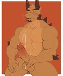 anthro balls biceps big_penis blush bodily_fluids brown_body brown_scales cum cum_on_penis cum_on_self ejaculation erection genital_fluids genitals hand_on_penis horn male male_anthro masturbation muscular muscular_anthro muscular_arms muscular_legs muscular_male nude_anthro nude_male penis scales scar triceps vein veiny_penis fungirussy mythology falkor_(fungirussy) dragon mythological_creature mythological_scalie scalie 2024 absurd_res hi_res