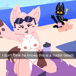 anthro arm_tuft beach beach_towel black_body black_eyes black_eyewear black_fur black_sunglasses black_tail blush blush_lines bodily_fluids bottle breasts caption caption_box casual_nudity cinemagraph clothed clothed_male clothing container countershade_torso countershading detailed_background dipstick_tail duo dutch_angle ear_tuft exclamation_point eyewear eyewear_on_head feet female fur genitals gloves_(marking) hair horizon kneeling male markings medium_breasts mouthless navel neapolitan_fur nipples nude nude_anthro nude_beach nude_female nudist open_mouth orange_sclera outdoor_nudity outside paws pink_body pink_ears pink_fur pink_hair pink_nipples public public_nudity sand sand_castle sculpture sea selfie shoulder_tuft sky smug_face sunglasses sunglasses_on_head sweat sweatdrop swimming_trunks swimwear tail tail_markings text towel tuft vulva water water_bottle wearing_sunglasses white_body white_fur fringession bingo_(fringession) neap_(fringession) domestic_cat felid feline felis mammal 1:1 2024 2_frame_animation aliasing animated digital_media_(artwork) english_text frame_by_frame lineless loop