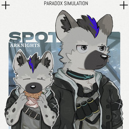 anthro black_body black_fur black_hair black_nose blue_hair burger clothing collar ear_piercing eating eating_food food fur grey_body grey_fur hair jacket looking_away male multiple_poses piercing pose shirt solo t-shirt text topwear fallenchipz arknights hypergryph studio_montagne spot_(arknights) hyena mammal spotted_hyena 1:1 english_text hi_res