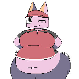 anthro belly belly_overhang big_breasts bottomless breasts butt closed_smile clothed clothing deep_navel female fur grey_body grey_fur hands_behind_back happy hat headgear headwear looking_at_viewer mouth_closed multicolored_body multicolored_fur navel one_eye_closed overweight overweight_anthro pink_body pink_fur red_clothing red_hat red_headwear red_shirt red_topwear shirt simple_background smile solo standing thick_thighs three-quarter_view topwear topwear_only two_tone_body two_tone_fur visor_cap white_background wink longnecklupin doko_demo_issho ms._grape felid feline mammal 1:1 digital_media_(artwork) flat_colors hi_res pixel_(artwork) portrait three-quarter_portrait