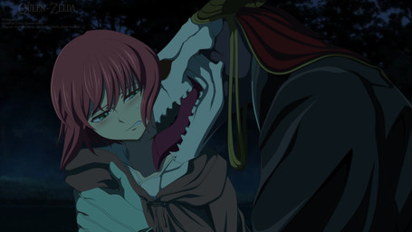 anthro black_clothing black_robe bodily_fluids bone brown_cloak brown_clothing cloak clothing duo female gloves green_eyes hair handwear headgear headwear horn jewelry licking licking_another male neck_lick night pendant red_clothing red_hair red_headwear robe shirt skull skull_head sweat sweatdrop tongue tongue_out topwear white_clothing white_gloves white_handwear white_shirt white_topwear lady-fantasma american_mythology indigenous_north_american_mythology mythology north_american_mythology the_ancient_magus'_bride chise_hatori elias_ainsworth human mammal wendigo absurd_res hi_res