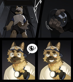 anthro baseball_cap baseball_uniform biped black_eyes brown_body brown_fur clothing flashlight fur hat headgear headwear male slim_anthro slim_male solo sportswear standing tail uniform art_uza canid canine canis domestic_dog german_shepherd herding_dog mammal pastoral_dog comic hi_res