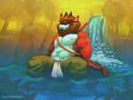 4:3 absurd_res anthro axel_(lazydergenboi) barefoot belt bottomwear clothing detailed_background feet hi_res looking_at_viewer male mane muscular muscular_anthro muscular_male nipples pants pecs plant power_pole red_eyes shirtless smile smiling_at_viewer solo tree water waterfall white_belt yellow2kat