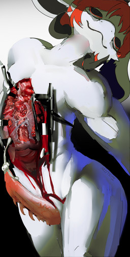 animal_genitalia anthro black_inner_ear blood bodily_fluids cheek_tuft closed_smile cum dissection ejaculation erection facial_tuft floppy_ears fur genital_fluids genital_slit genitals gore gore_focus guts hair intestines looking_up male mouth_closed organs penile_spines penis pink_penis red_eyes red_hair simple_background smile solo tapering_penis tuft vein veiny_penis white_background white_body white_ears white_fur boxwater statera_(boxwater) bovid caprine goat mammal monster 2026 absurd_res digital_media_(artwork) digital_painting_(artwork) english_description hi_res painting_(artwork) portrait shaded three-quarter_portrait