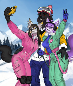 ahoge anthro biped black_body black_fur black_hair blue_clothing cellphone clothed clothing detailed_background ear_piercing electronics female fully_clothed fur gesture green_clothing group group_selfie hair hand_gesture hand_on_another holding_cellphone holding_object holding_phone holding_smartphone inner_ear_fluff male mountain outside phone piercing pink_clothing plant purple_body purple_fur purple_hair red_eyes ski_goggles smartphone snow standing taking_picture taking_selfie tongue tongue_out tree trio tuft v_sign white_body white_fur winter yellow_eyes novery bridgette_(lugermann) jack_(lugermann) canid canine mammal 2025 character_request digital_media_(artwork) hi_res shaded