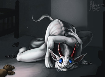 ambiguous_gender bedroom bedroom_eyes blue_eyes bodily_fluids creepy crib derp_eyes drooling flexible fur half-closed_eyes horn inside narrowed_eyes nightmare_fuel pacifier parasite plushie saliva seductive solo teddy_bear white_body white_fur white_skin rotarr mammal synx 2012