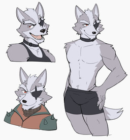 anthro bottomwear clothed clothing collar countershading eye_patch eyewear fur grey_body grey_fur hand_on_hip jacket male muscular muscular_male navel open_mouth partially_clothed red_eyes shorts shorts_only simple_background smile solo standing teeth tongue topless topwear underwear white_background jrjresq nintendo star_fox wolf_o'donnell canid canine canis mammal wolf hi_res