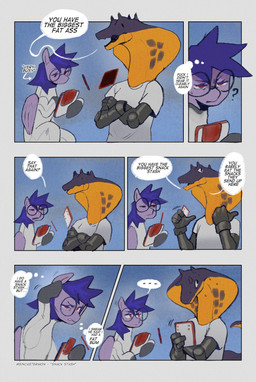 anthro biped blue_hair bodily_fluids clothed clothing crossed_arms dialogue duo eyebrows eyewear feral fur glasses hair hooves male open_mouth purple_body purple_fur quadruped question_mark shirt speech_bubble standing sweat text thought_bubble topwear wings sincastermon equid equine horse mammal pony reptile scalie snake comic english_text hi_res