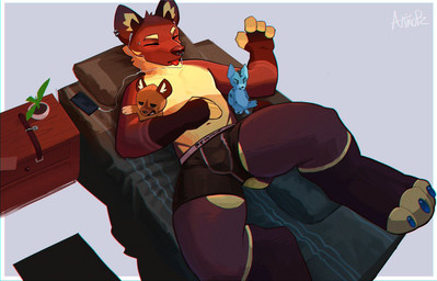 4_fingers anthro bed bulge cellphone clothed clothing collar collar_tag ear_piercing electronics eyes_closed fingers fur furniture gloves_(marking) headphones lying lying_on_bed male markings multicolored_body multicolored_fur navel on_bed phone piercing pillow solo tongue tongue_out underwear underwear_only ankorthewolf aggretsuko sanrio ankor_(ankorthehyena) haida_(aggretsuko) theo_(ankorthehyena) gulonine hyena mammal marten mustelid musteline pine_marten signature