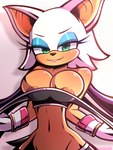 anthro areola areola_slip breasts clothing eyeshadow female fur gloves green_eyes handwear lipstick looking_at_viewer makeup solo tan_body tan_skin undressing white_body white_fur crossxvii sega sonic_the_hedgehog_(series) rouge_the_bat bat mammal 2022 3:4 absurd_res hi_res signature