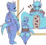 abstract_background anthro big_breasts big_butt black_sclera blue_body bottomwear breasts butt clothing convenient_censorship feet female horn loincloth looking_back non-mammal_breasts overweight overweight_anthro overweight_female presenting sitting solo standing thick_thighs under_boob gigawix kobold scalie hi_res