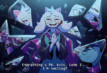4_fingers anthro bodily_fluids clothed clothed_anthro clothed_male clothing dialogue eyes_closed eyewear fingers front_view fur glasses hair horn male open_mouth open_smile purple_body purple_hair smile solo standing tears teeth text tongue white_body white_fur milodesty deltarune undertale_(series) kris_(deltarune) ralsei susie_(deltarune) bovid caprine goat mammal 2025 digital_media_(artwork) english_text hi_res