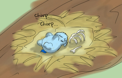 ambiguous_feral ambiguous_gender animal_noises blue_body blue_fur blue_tail bone chirping eyes_closed featureless_crotch featureless_hands feral fur lying neonate nest on_back sleeping solo tail text young young_ambiguous young_feral carpdime fluffy_pony fluffy_pony_(species) mammal digital_media_(artwork) english_text