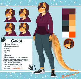 angry anthro bangs biped blush bottomwear breasts clenched_teeth clothed clothed_anthro clothed_female clothing eye_bags eyelashes female fingers flustered footprint footwear freckled_face freckled_tail freckles glowing glowing_eyes grey_bottomwear grey_clothing grey_pants hoodie humanoid_hands lgbt_pride long_eyelashes long_tail markings medium_breasts neutral_expression non-mammal_breasts orange_body pants pride_colors purple_clothing purple_hoodie purple_topwear red_eyes shoes smile solo speckle_freckles spiked_tail spikes spikes_(anatomy) spots spotted_face spotted_markings spotted_tail tail tail_markings tan_body teeth text topwear garavakarian mrdummy569 goodbye_volcano_high ko_op_(game_developer) carol_(mrdummy569) allosauroid carcharodontosaurid dinosaur giganotosaurus prehistoric_species reptile saurischian scalie theropod absurd_res artist_name character_name colored english_text hi_res icon model_sheet multiple_images shaded
