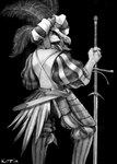 accipitrid accipitriform anthro armor avian beak bearded_vulture bird clothed clothing digital_media_(artwork) feathered_hat feathers filigree gauntlets gloves handwear hi_res holding_object holding_weapon hole_in_pants kotia landsknecht leggings legwear looking_at_viewer male medieval melee_weapon monochrome old_world_vulture scabbard sheathed_weapon simple_background smile solo sword vulture warrior weapon zweihander