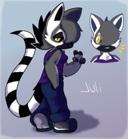 anthro black_nose blue_bottomwear blue_clothing blue_pants bottomwear clothing feet female footwear front_view fur gesture gradient_background grey_body grey_fur hair half-closed_eyes hand_gesture hand_in_pocket long_tail multicolored_body multicolored_fur narrowed_eyes neck_tuft pants pockets purple_clothing purple_topwear shirt shoes simple_background slippers solo surprised sweatpants tail tank_top topwear tuft v_sign white_body white_fur wide_eyed chaosimp2006 juli_(chaosimp2006) lemur mammal primate strepsirrhine absurd_res hi_res