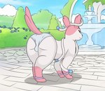 bedroom_eyes bulge butt clothed clothing crossdressing detailed_background femboy feral fountain garden looking_back male narrowed_eyes panties rear_view seductive solo underwear onesaucydragon nintendo pokemon eeveelution generation_6_pokemon pokemon_(species) sylveon absurd_res hi_res