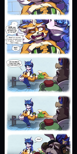 4_toes 5_fingers anthro anthro_on_anthro ask_blog athletic athletic_anthro athletic_male blue_body blue_feathers blue_fur blue_hair bra breasts bruised bruised_eye clothed clothed_anthro clothed_female clothed_male clothing dialogue feathers feet female fingerless_gloves fingers fur gloves green_body group hair handwear hat headgear headwear hindpaw humanoid_hands jacket male male/female navel orange_body orange_fur paws sports_bra stirrup_footwear text toes topless topless_anthro topless_male topwear underwear white_body white_fur baban chilllum nintendo star_fox falco_lombardi fox_mccloud krystal_(star_fox) peppy_hare slippy_toad amphibian avian bird canid canine falcon falconid fox frog hare lagomorph leporid mammal 2026 absurd_res comic digital_media_(artwork) english_text hi_res