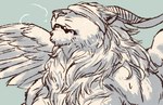 anthro blindfold bodily_fluids body_hair breath chest_hair drooling feathered_wings feathers fur horn male mane panting saliva solo wings inubikko delicious_in_dungeon winged_lion_(delicious_in_dungeon) felid lion mammal pantherine digital_media_(artwork) sketch