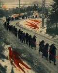ambiguous_gender anthro beak black_body blood blood_stain bodily_fluids group large_group leaf photo_background plant power_lines queue road shrub snow standing tree walking erezkaan avian bird hi_res photography_(artwork) restricted_palette