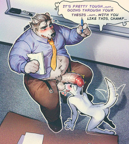 age_difference anthro anthro_on_anthro balls belly belt big_belly big_penis blush butt classroom clothing collared_shirt dialogue dress_shirt duo erection facial_hair fur genitals glans grey_hair hair humanoid_genitalia humanoid_penis larger_male male male/male mature_male necktie older_male open_belt overweight overweight_male penis penis_on_face professor school shirt size_difference smaller_male speech_bubble student tail tail_motion tailwag teacher teacher_and_student text tongue tongue_out topwear unbuttoned_shirt vein veiny_penis white_body white_fur whiteboard whiteboard_marker younger_male cattrbox bear canid canine canis domestic_dog mammal polar_bear ursine english_text hi_res