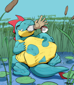 abdominal_bulge almost_fully_inside ambiguous_gender anthro belly big_belly blue_body bodily_fluids cattail_(plant) duo hand_on_belly human_prey lily_pad oral_vore outside plant pokeball saliva semi-anthro sharp_teeth sitting soft_vore solo_focus swamp tail teeth vore yellow_body pandottermon nintendo pokemon croconaw generation_2_pokemon human mammal pokemon_(species) 2025 signature