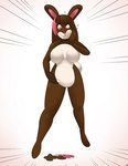 anthro artist_initials biped bodily_fluids breasts brown_body brown_hair candy chocolate countershade_torso countershading dessert featureless_breasts featureless_crotch female female_anthro flying_sweatdrops food front_view glistening glistening_body glistening_breasts hair hand_on_face highlights_(coloring) looking_down_at_self nude nude_anthro nude_female paws pink_eyes pink_highlights pink_inner_ear smile solo standing sweat sweatdrop tail white_body white_countershading wrapper year blackshirtboy kae_(agcb) lagomorph leporid mammal rabbit 2014 colored shaded