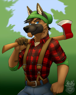 5_fingers anthro axe beanie belt black_hair blue_eyes bottomwear brown_body brown_fur claws clothed clothing day denim denim_bottomwear denim_clothing fingerless_(marking) fingers fist flannel fully_clothed fur furgonomics hair hat headgear headwear holding_object jeans looking_at_viewer male melee_weapon outside pants pattern_clothing pattern_topwear plaid plaid_clothing plaid_topwear rolled_up_sleeves short_hair simple_background sky smile solo suspenders tattoo topwear weapon weapon_on_shoulder vallhound canid canine canis domestic_dog german_shepherd herding_dog mammal pastoral_dog 2016 4:5 digital_media_(artwork) half-length_portrait portrait