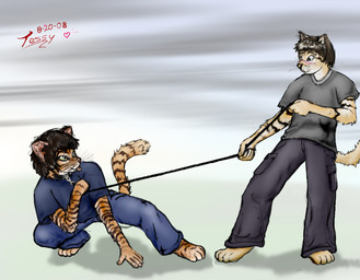 anthro bdsm black_collar blep blush bondage bound collar dominant dominant_male duo holding_leash holding_object leash leash_pull light_bondage male male/male playful simple_background submissive submissive_male tail tongue tongue_out tessycat felid feline felis mammal sand_cat