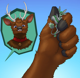3_fingers 3_toes 4_ears 5_fingers anthro antlers bell bell_collar biped black_nose black_sclera blue_background blue_eyes blue_sky brown_body brown_ears brown_eyebrows brown_fur brown_hair chest_tuft claws collar duo eye_contact eyebrows feather_hair feathered_wings feathers feet fingers fur green_body green_eyes green_feathers green_hair green_scutes grey_arms grey_body grey_claws grey_feathers grey_head grey_legs grey_tail grey_tail_tuft grey_wings hair happy holding_character horn larger_anthro larger_male larger_nude looking_at_another macro macro_anthro macro_male male mouth_closed multi_ear neck_tuft nude nude_anthro nude_macro nude_male one_eye_closed open_mouth open_smile pink_inner_ear pseudo_hair red_collar scuted_feet scutes simple_background size_difference sky smaller_anthro smaller_male smaller_nude smile tail tail_tuft toes tuft white_antlers winged_arms wings flustered_fuchsia_fox aaron_(avali) heli_(heliguy) avali avian deer mammal 2025 hi_res male_(lore)