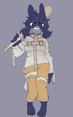 5_fingers anthro barefoot baseball_bat bat_(object) blue_body blue_ears blue_eyebrows blue_eyes blue_fur blue_hair bottomwear clothed clothed_anthro clothed_female clothing emoji_description eyebrow_through_hair eyebrows feet female female_anthro fingers front_view fur hair holding_baseball_bat looking_at_viewer pants simple_background smile solo standing straps topwear translucent translucent_hair white_sclera yellow_bottomwear yellow_clothing yellow_pants puppy_in_space mini_(puppy_in_space) canid canine canis domestic_dog mammal 2024 digital_media_(artwork) full-length_portrait hi_res portrait