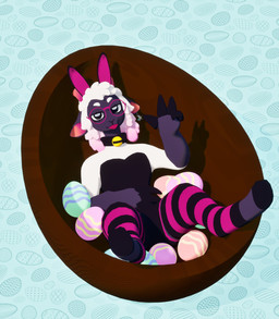 anthro bunny_costume clothing collar costume easter_egg egg eyewear fake_ears fake_rabbit_ears femboy gesture glasses hand_gesture holidays hooves legs_up legwear lying male on_back solo thigh_highs tongue tongue_out sillyram easter outer_wilds easter_bunny silly_(sillyram) bovid caprine mammal sheep absurd_res hi_res