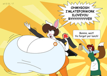anthro big_breasts blush bottomwear bread breasts brown_hair button_(fastener) clothed clothing copyright_symbol dialogue dialogue_box duo female food fur hair huge_breasts hyper hyper_breasts jacket jelly_(food) multicolored_body multicolored_fur open_mouth pants red_hair shirt speech_bubble symbol text toast topwear two_tone_body two_tone_fur white_body white_fur satsumalord bonnie_(satsumalord) gael_(satsumalord) canid canine fox lagomorph leporid mammal rabbit 2017 comic_sans digital_media_(artwork) english_text