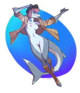 4_toes anthro blue_background bottomless breasts claws clothed clothing eyewear feet female fin fingers footwear genitals glasses gradient_background grey_body hair hat headgear headwear legwear medium_breasts mostly_nude navel non-mammal_breasts open_clothing open_shirt open_topwear pink_hair sharp_teeth shirt simple_background smile socks solo teeth text thigh_gap toe_claws toes topwear underwater vulva water white_background wide_hips spearfrost lux_(bringbackthedead) aquatic fish shark 2015 artist_name dated