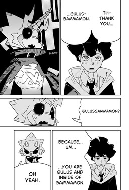 anthro black_sclera clothing dialogue duo humor jacket male text topwear milkesheique bandai_namco digimon digimon_ghost_game thank_you_chainsaw_man hiro_amanokawa digimon_(species) gammamon gulusgammamon human mammal scalie comic english_text hi_res monochrome