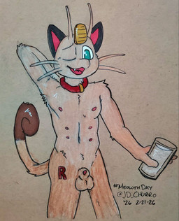 animal_genitalia anthro collar curled_tail cute_fangs fangs genitals hand_behind_head male milk multi_nipple nipples nude one_eye_closed one_fang penis penis_tip red_collar sheath smile solo tail tattoo teeth whiskers jd_churro nintendo pokemon team_rocket generation_1_pokemon meowth pokemon_(species) hi_res traditional_media_(artwork)